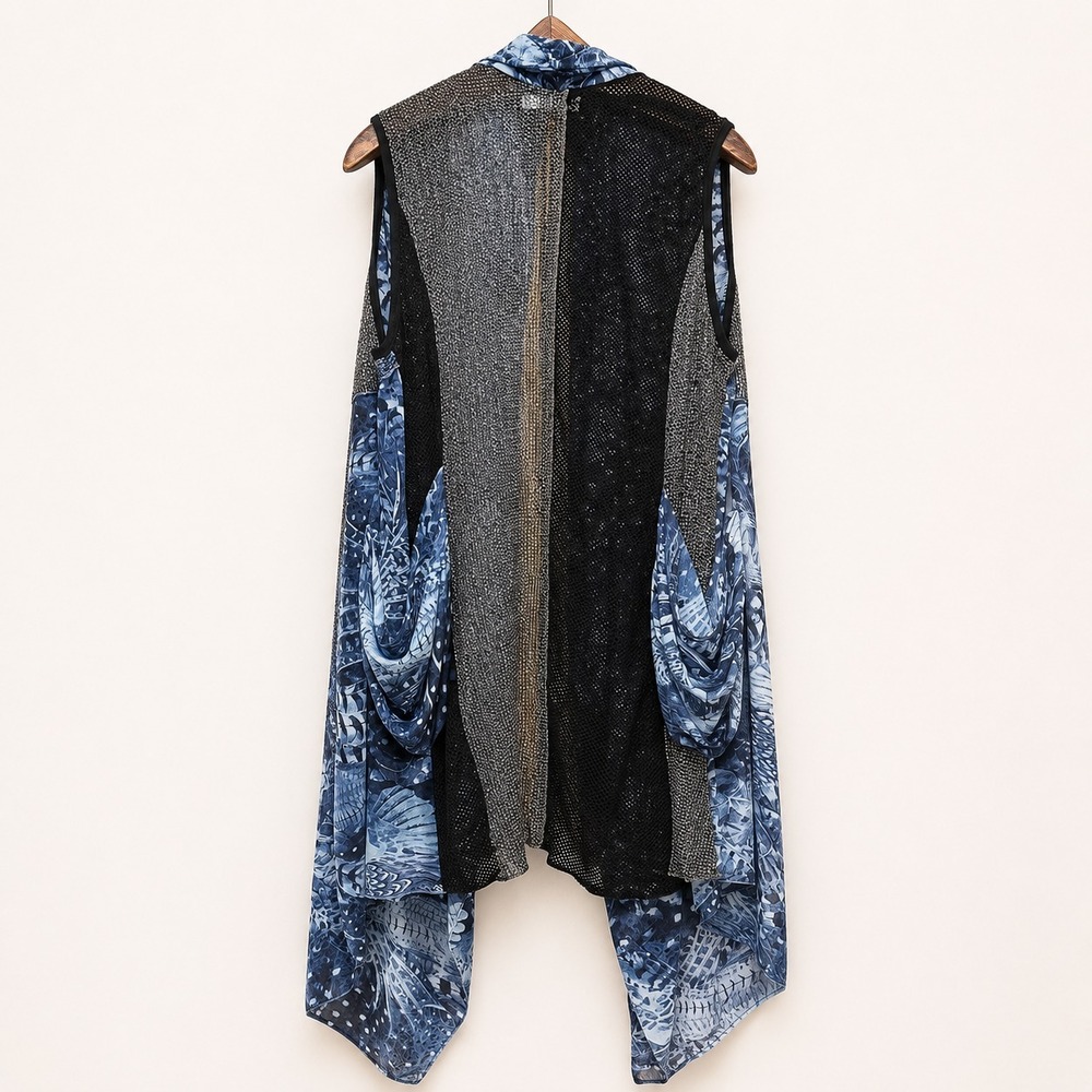 Anthropologie Adore Cardigan Vest XL Blue Print Mesh Duster Sequin Fairy Grunge - Picture 2 of 10